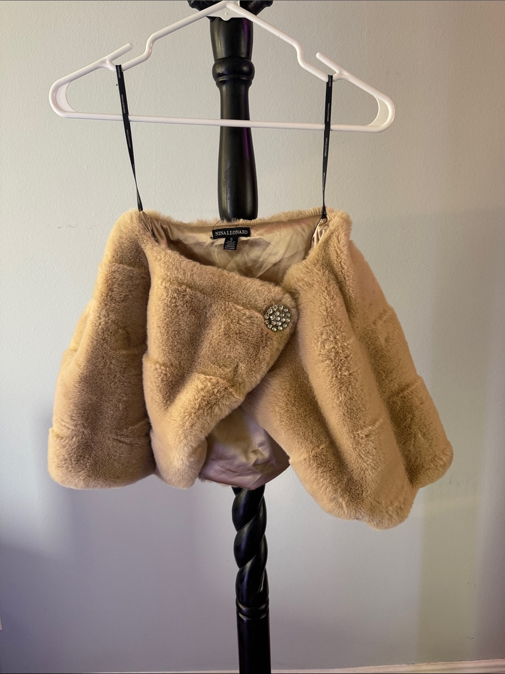 Nina Leonard Faux Fur Cape in Camel with Jeweled Button